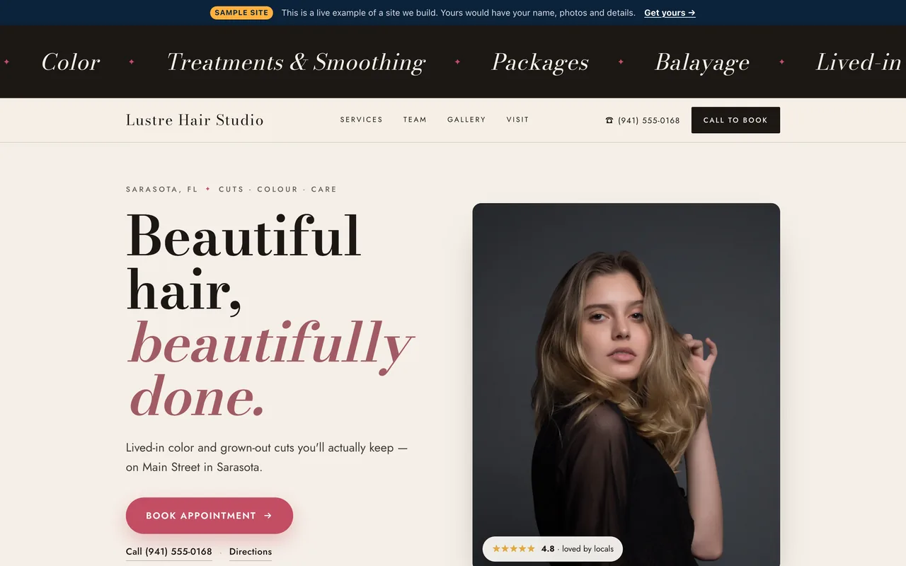 Top of the Launch-tier salon & barber sample site built by Azuvyn