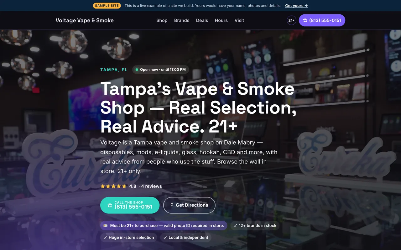 Top of the Launch-tier vape & smoke shop sample site built by Azuvyn